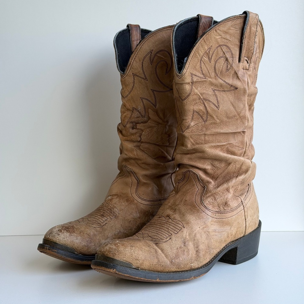 Durango Slouch Leather Cowboy Boots Mens 8.5 Tan Distressed Rodeo Western SW5602